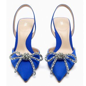 Zara Blue Embellished Bow Heeled Slingbacks Sz 6.5 NWT
